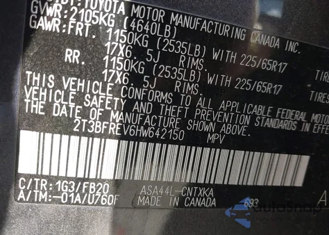 2017 Toyota Rav4 Le из США, поврежденный, VIN 2T3BFREV6HW642150